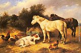 Walter Hunt Ponies, A Calf and Poultry In a Farmyard painting